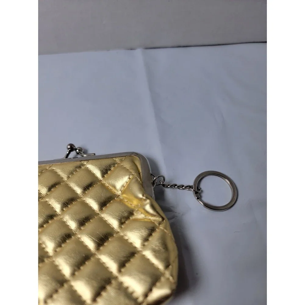 Gold Quilted Kiss Lock Coin Purse Keychain Mini Wallet Metallic Clutch Pouch